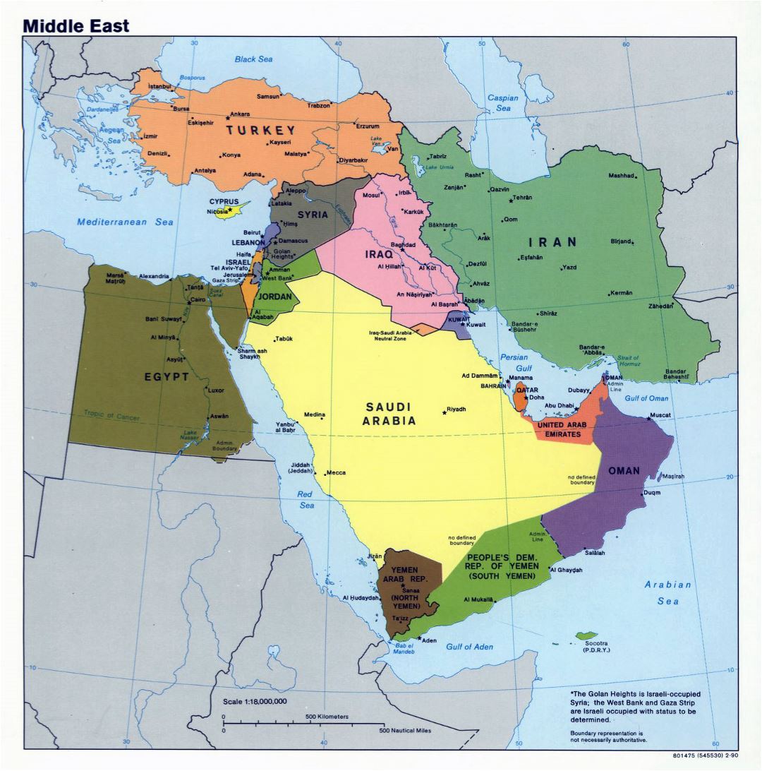 Большая политическая карта Ближнего Востока - 1990
