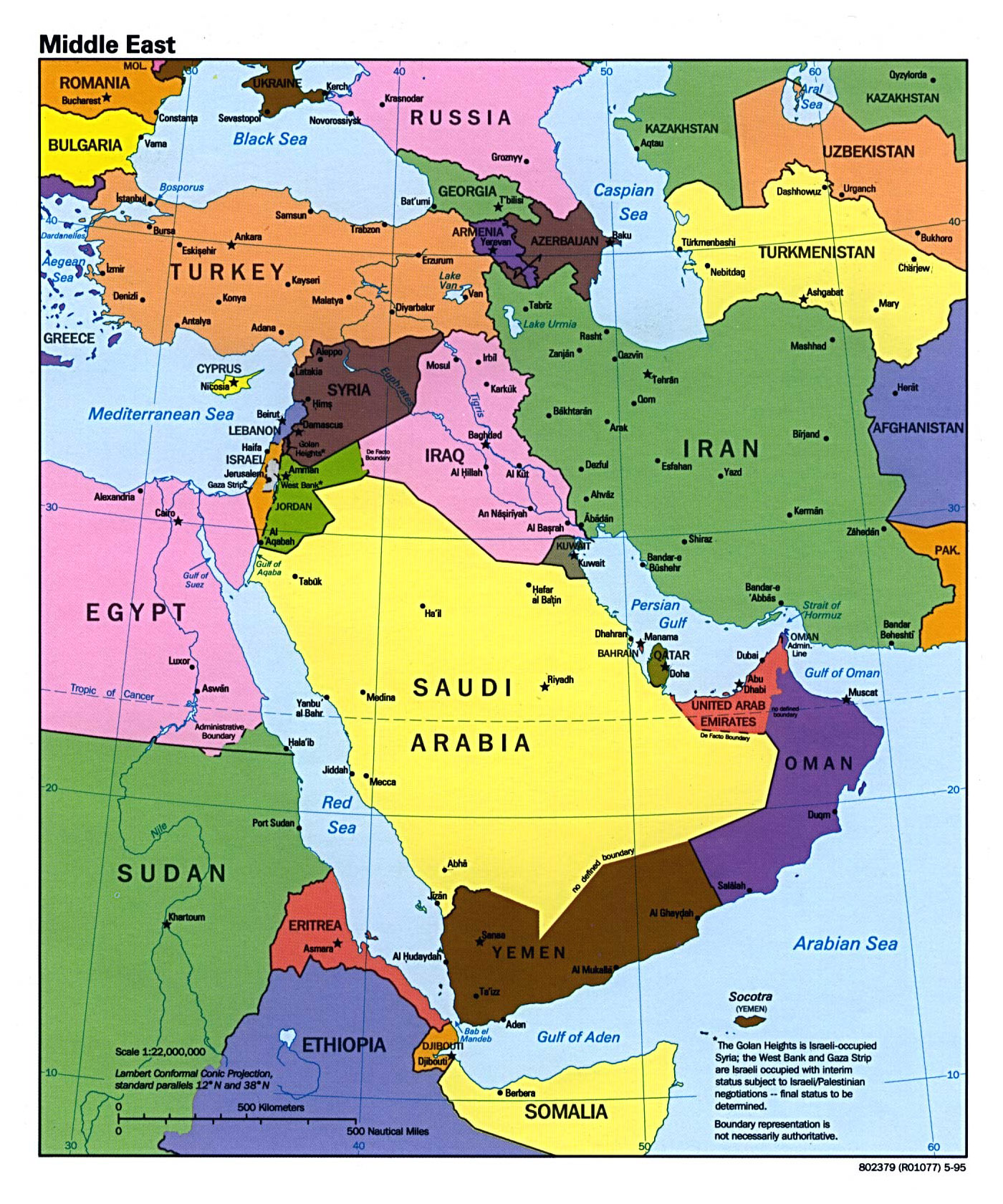 Large Political Map Of The Middle East With Major Cities And Capitals 1995 