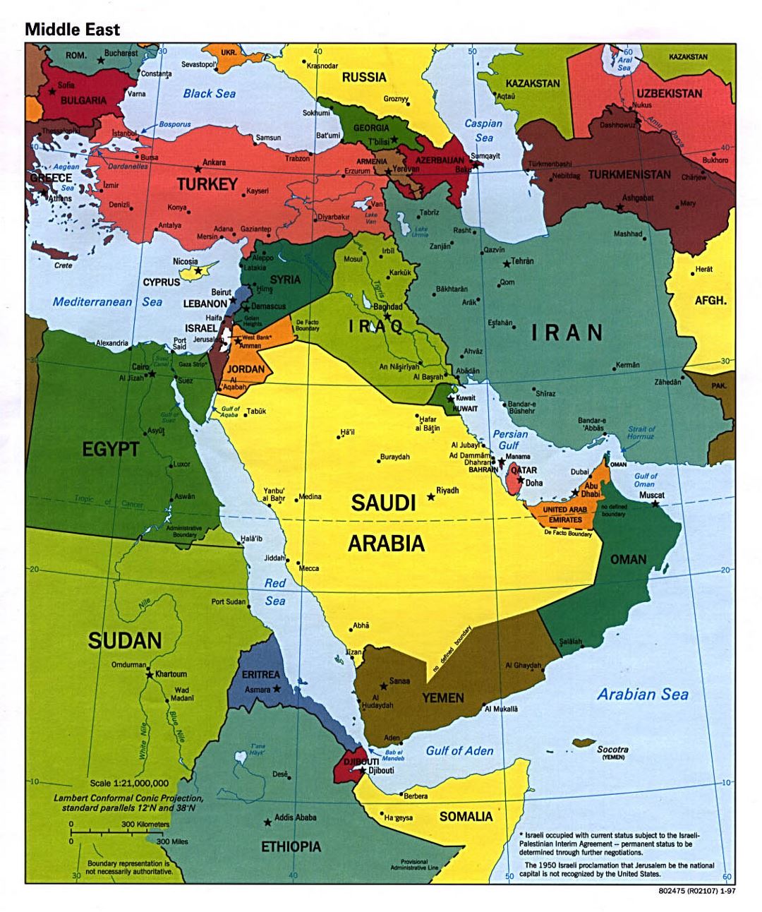 Большая политическая карта Ближнего Востока с крупными городами и столицами стран - 1997