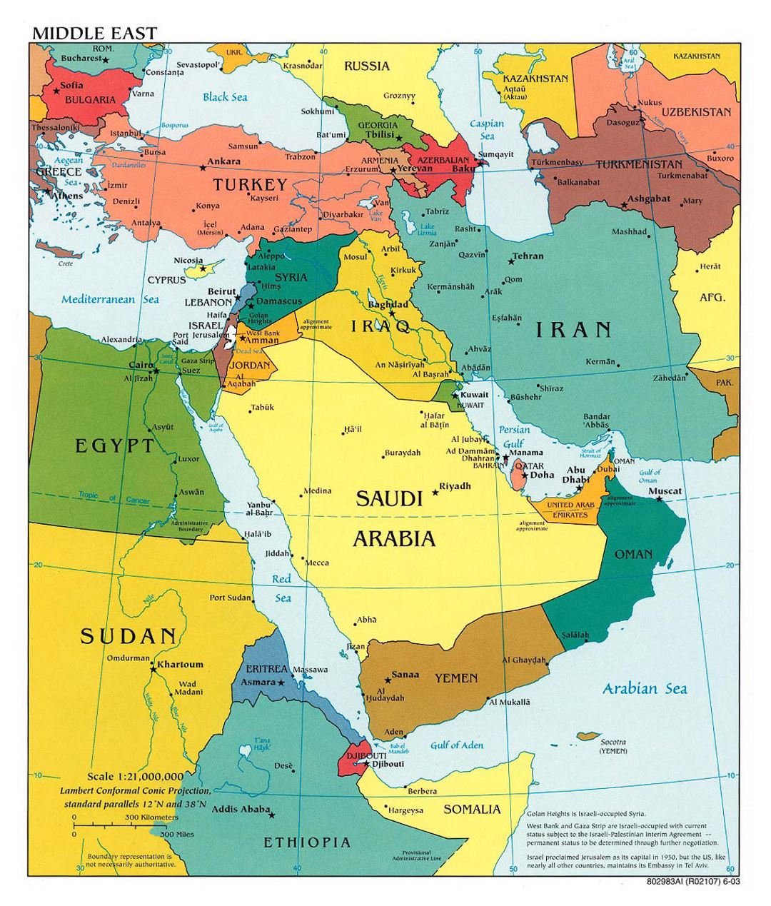 Большая политическая карта Ближнего Востока с крупными городами и столицами стран - 2003