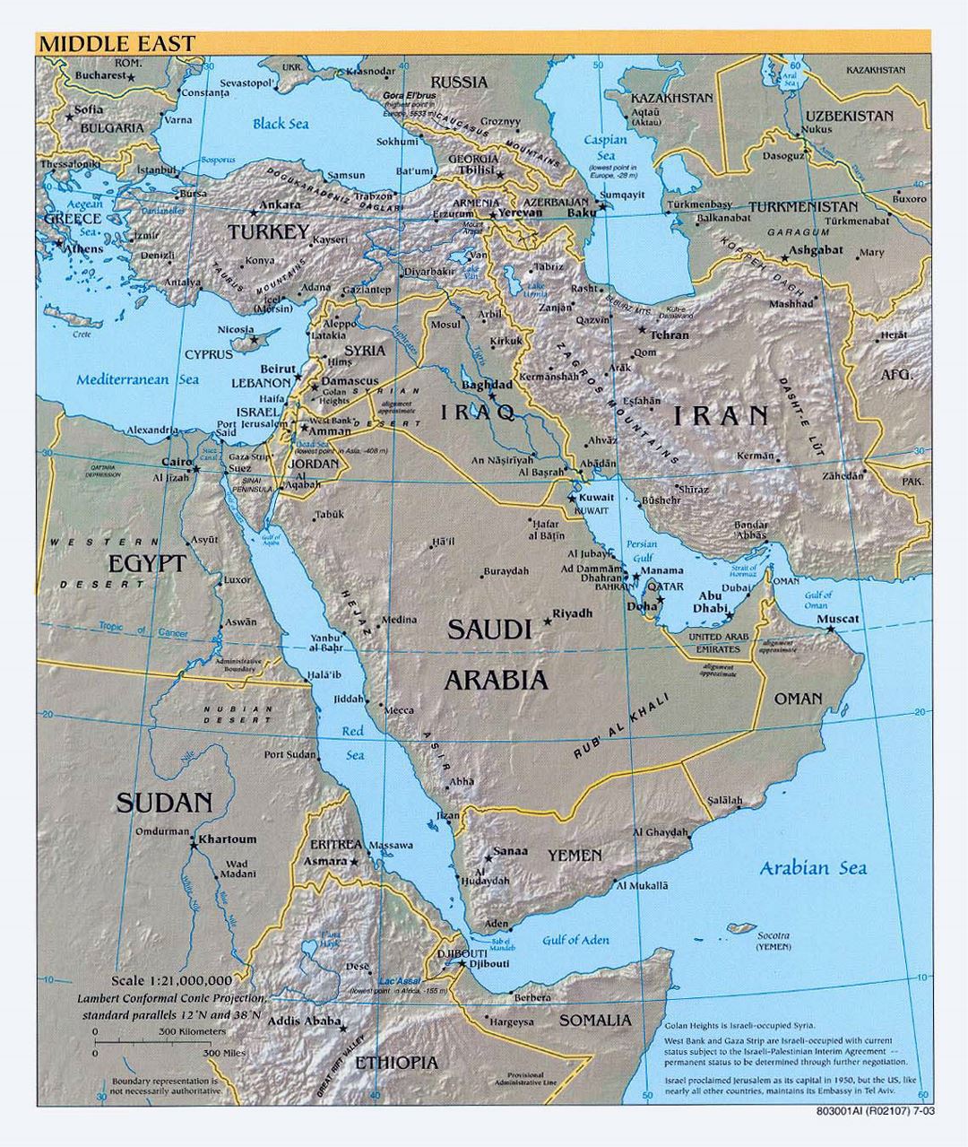 Большая политическая карта Ближнего Востока с рельефом, большими городами и столицами стран - 2003