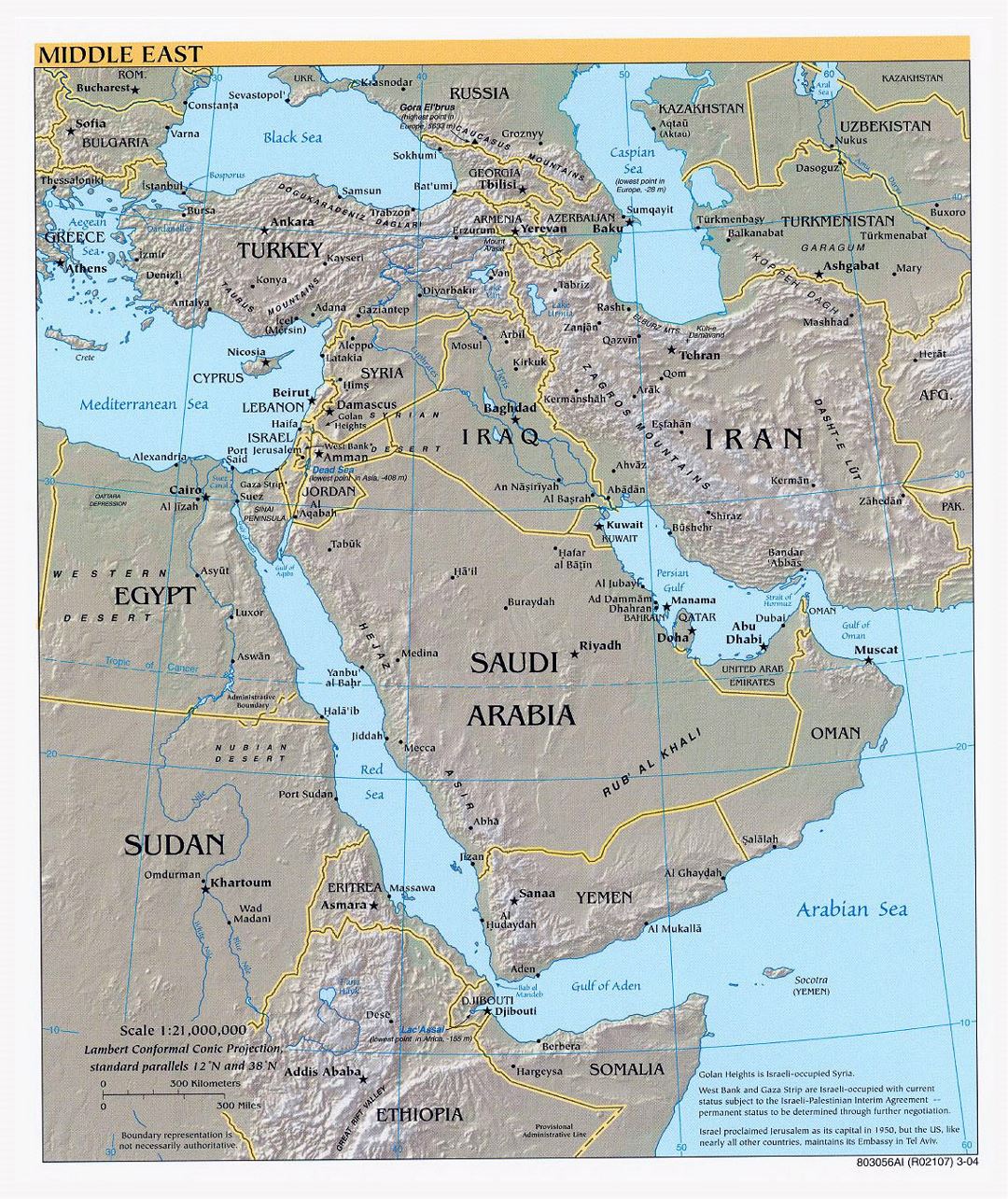 Большая политическая карта Ближнего Востока с рельефом, крупными городами и столицами - 2004