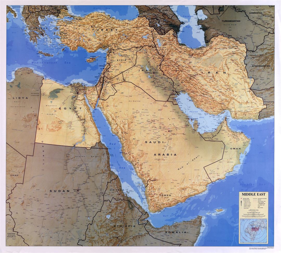 Крупномасштабная детальная карта Ближнего Востока с рельефом, дорогами, железными дорогами, городами и аэропортами - 1993