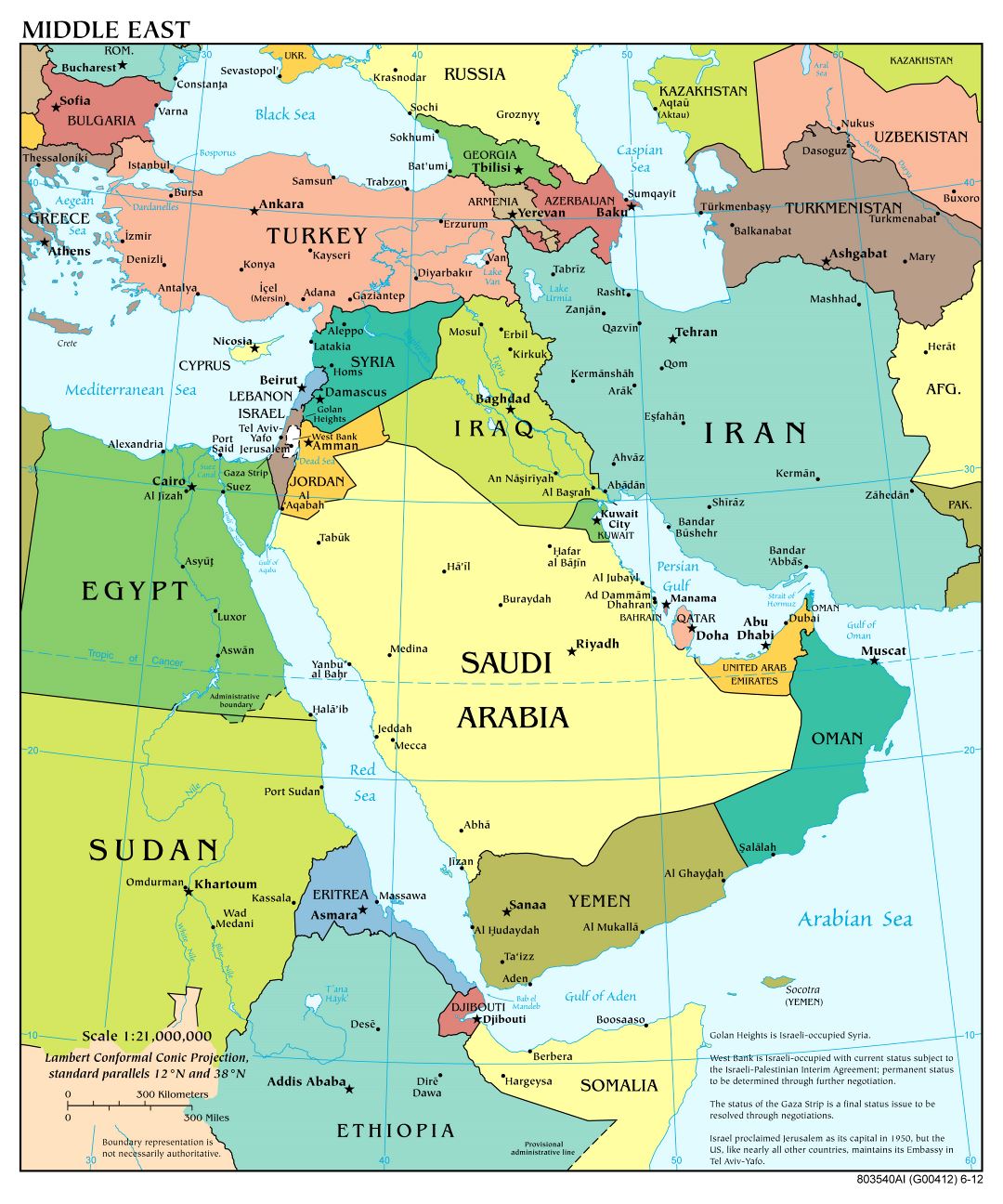 Крупномасштабная детальная политическая карта Ближнего Востока с крупными городами и столицами стран - 2012