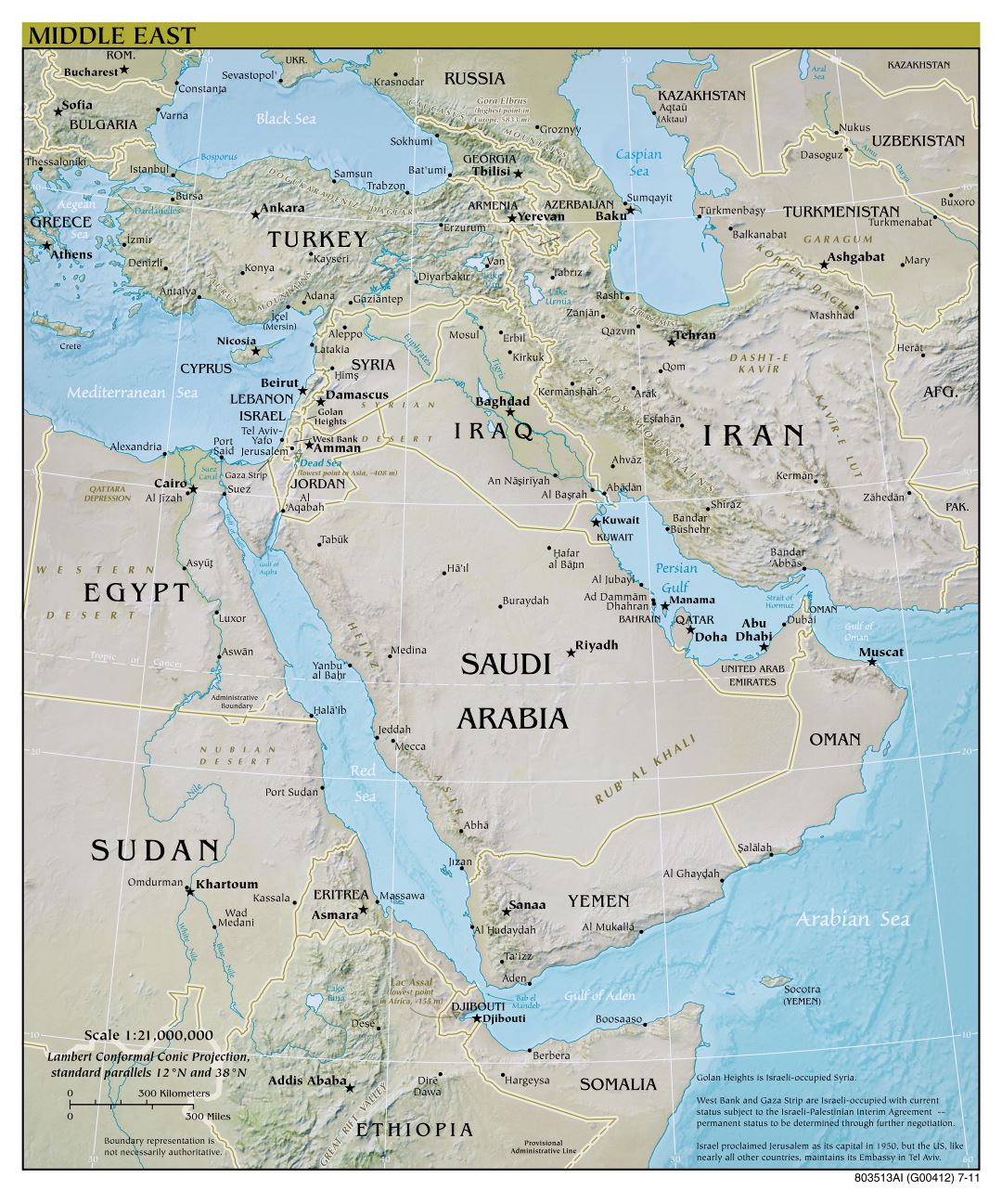 Крупномасштабная политическая карта Ближнего Востока с рельефом, крупными городами и столицами стран - 2011