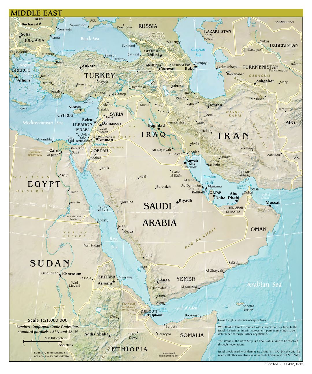 Крупномасштабная подробная политическая карта Ближнего Востока с рельефом, крупными городами и столицами стран - 2012