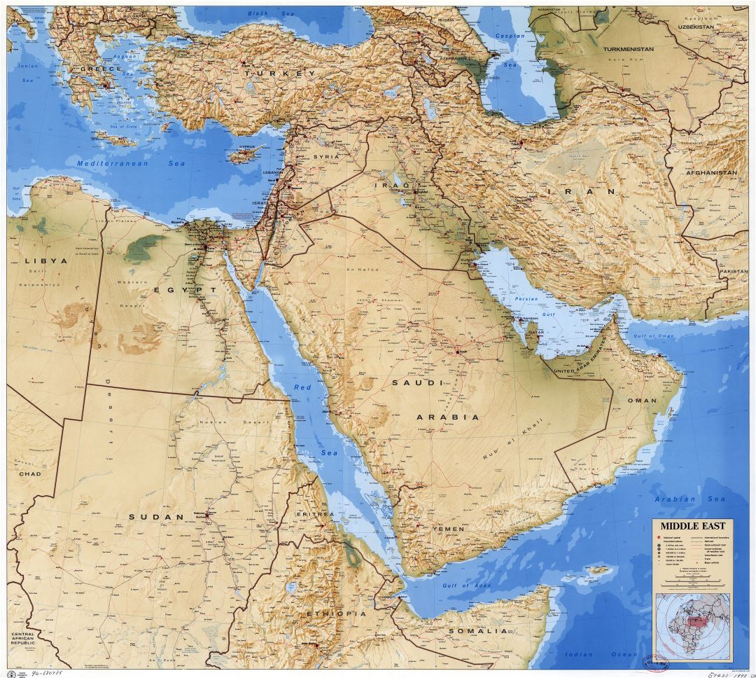 Крупномасштабная детальная политическая карта Ближнего Востока с рельефом, дорогами, железными дорогами, городами и аэропортами - 1993