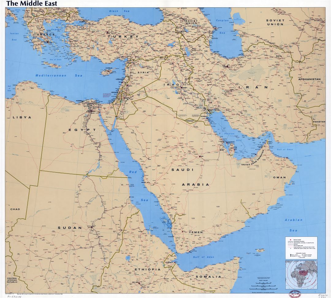 Крупномасштабная подробная политическая карта Ближнего Востока с рельефом, дорогами, железными дорогами, городами и аэропортами - 1990