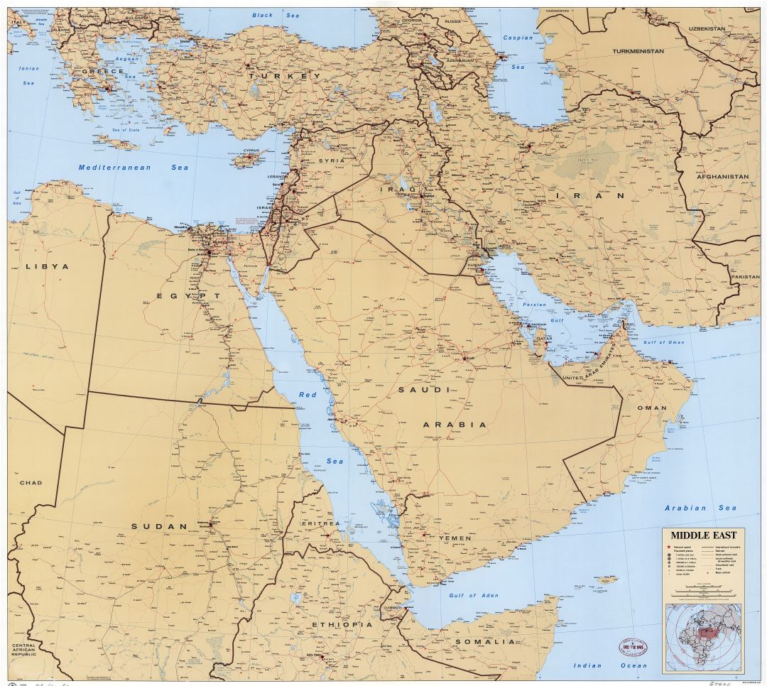 Крупномасштабная подробная политическая карта Ближнего Востока с рельефом, дорогами, железными дорогами, городами и аэропортами - 1993