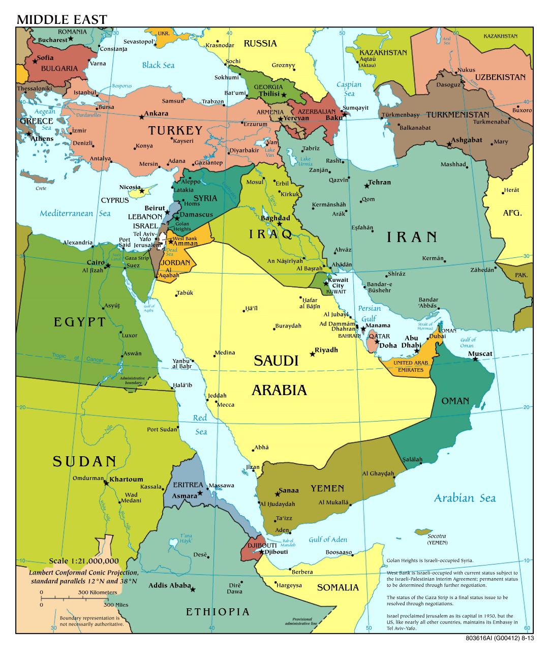 Крупномасштабная политическая карта Ближнего Востока с большими городами - 2013