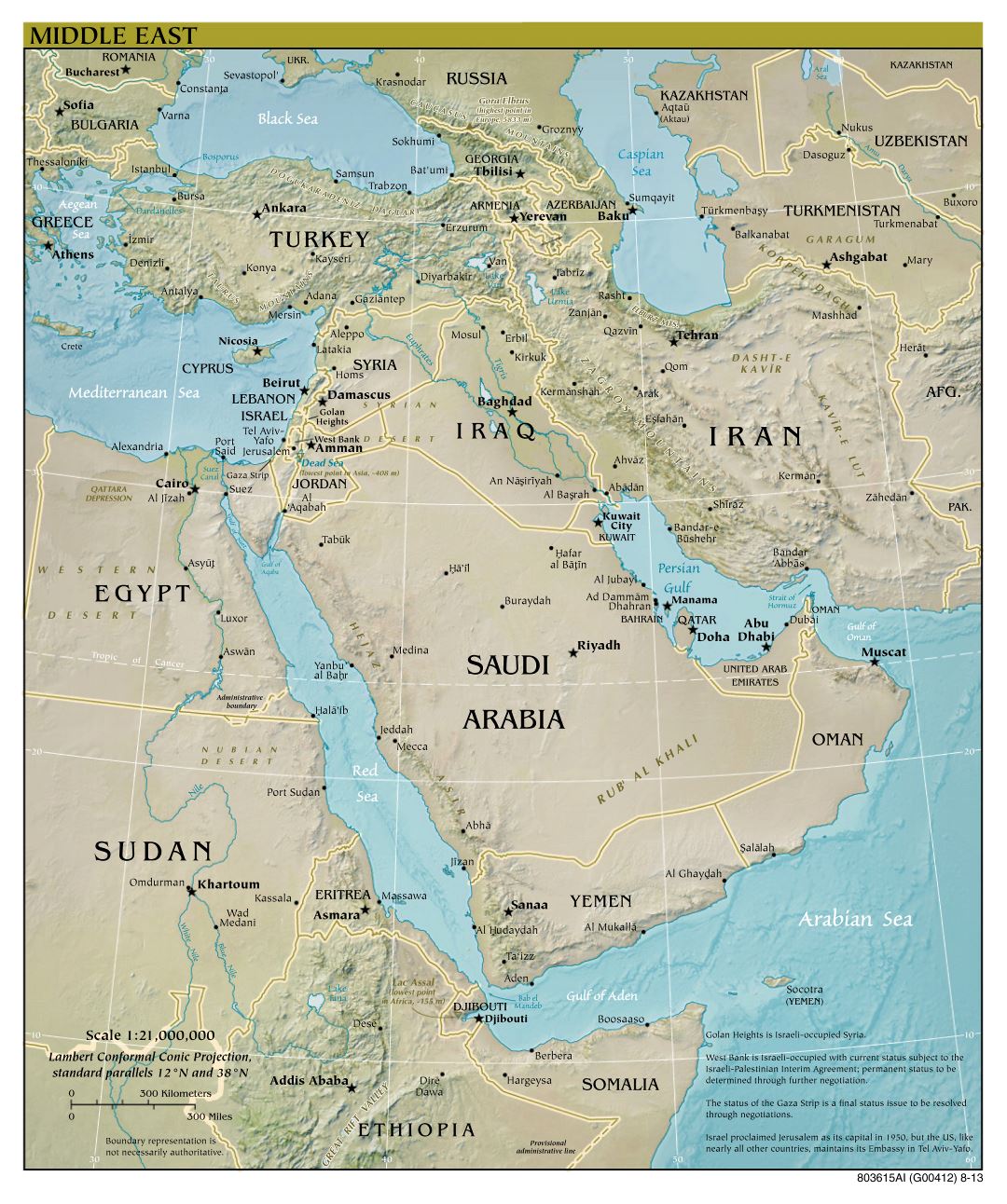 Политическая карта Ближнего Востока с рельефом и крупными городами в большом формате - 2013