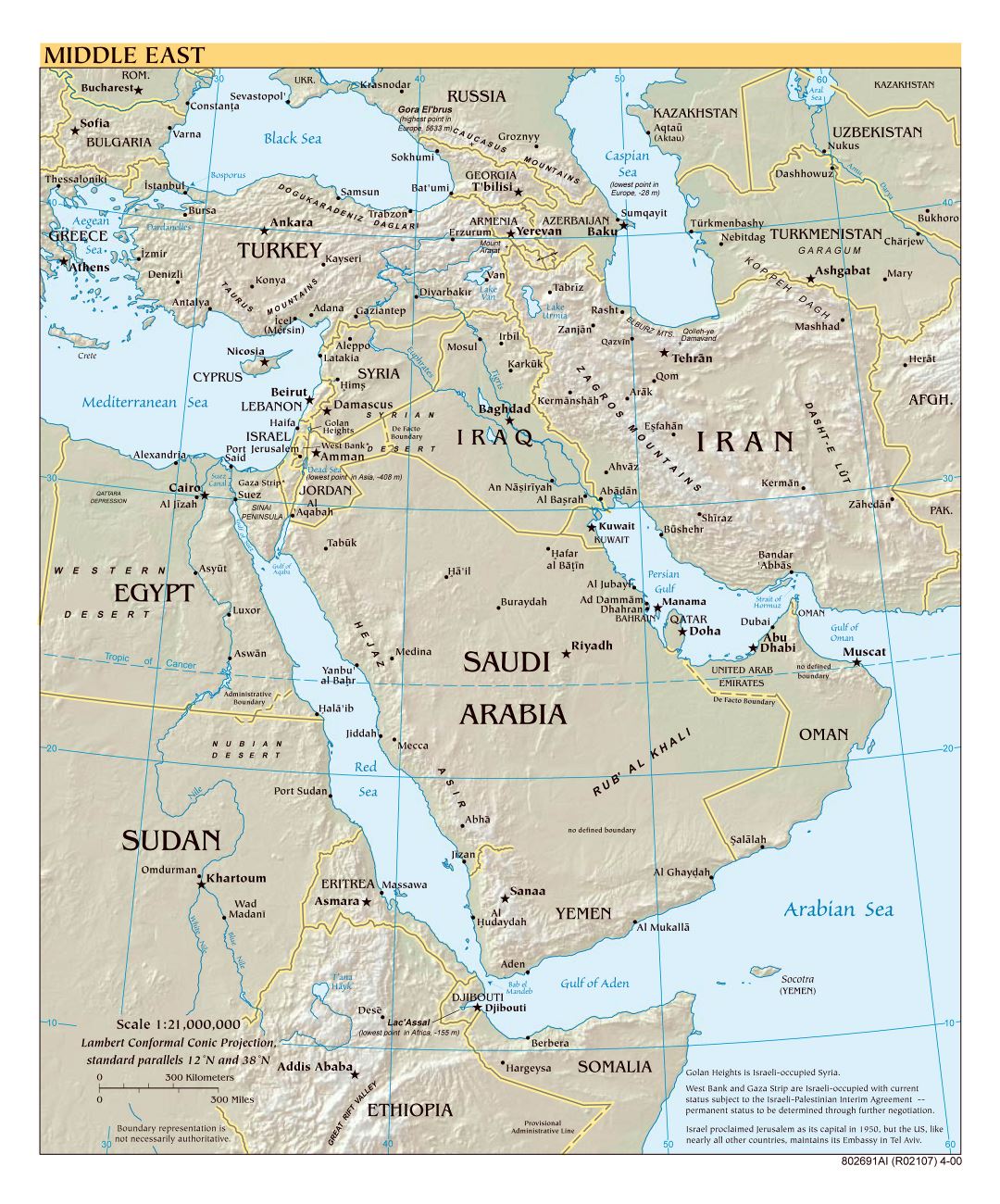 Крупномасштабная политическая карта Ближнего Востока с рельефом, крупными городами и столицами стран - 2000