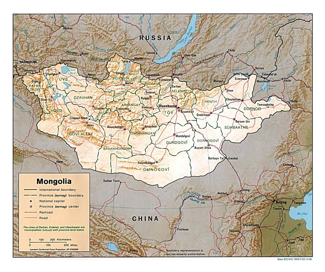 Детальная политическая и административная карта Монголии с рельефом, дорогами, железными дорогами и крупными городами - 1996