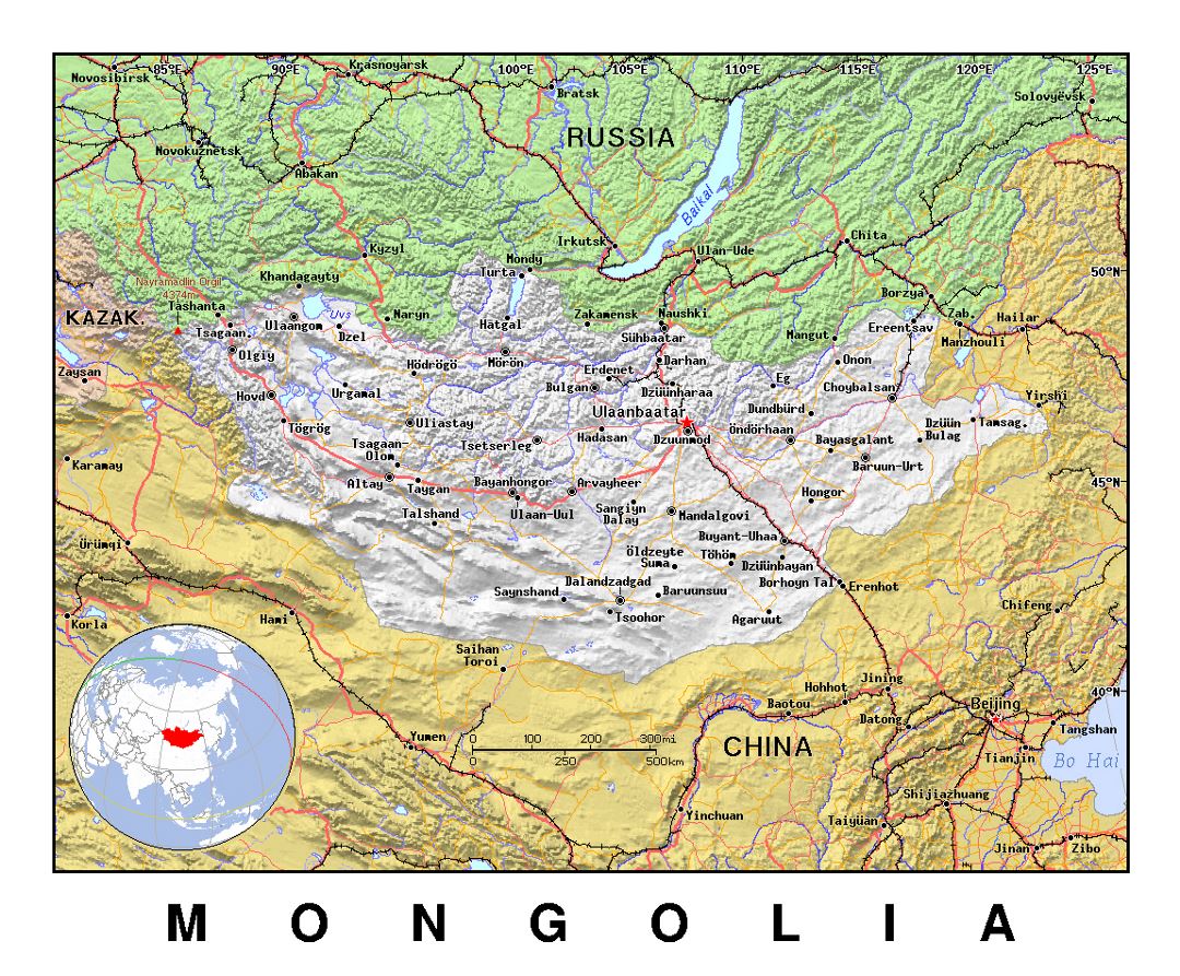 Детальная политическая карта Монголии с рельефом