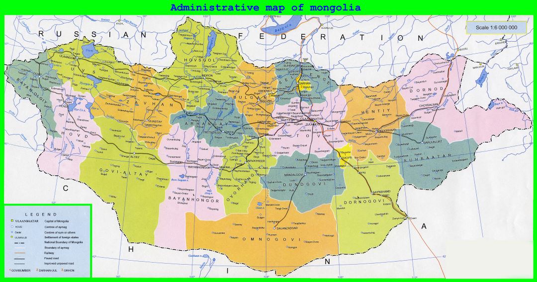 Большая детальная административная карта Монголии с дорогами, железными дорогами и городами