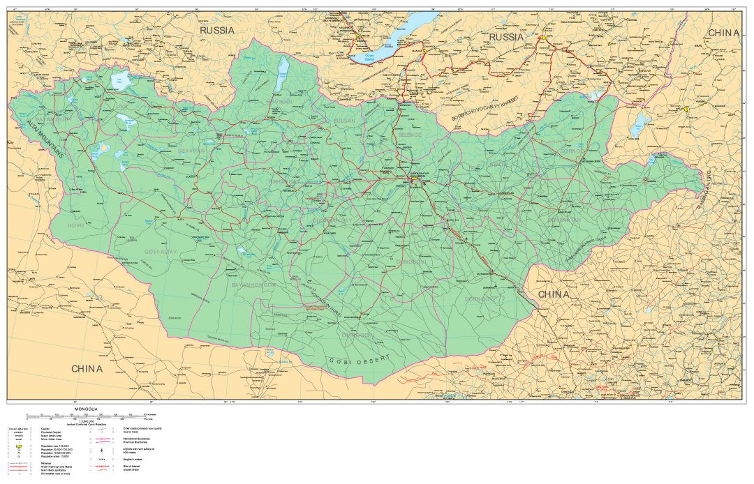 Большая детальная карта дорог Монголии с городами и другими пометками