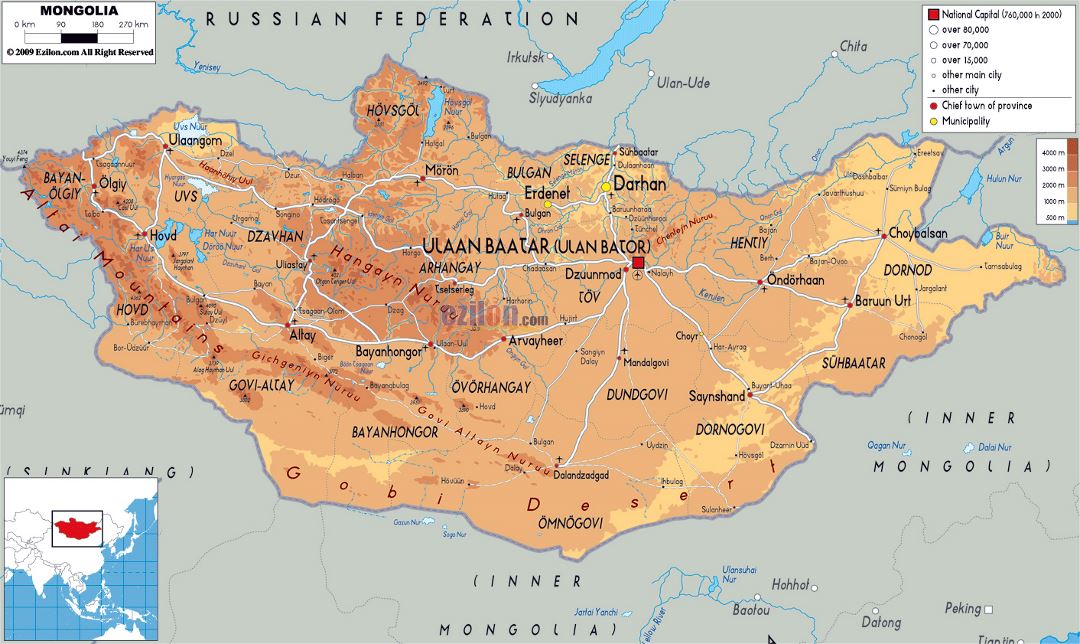 Большая физическая карта Монголии с дорогами, городами и аэропортами