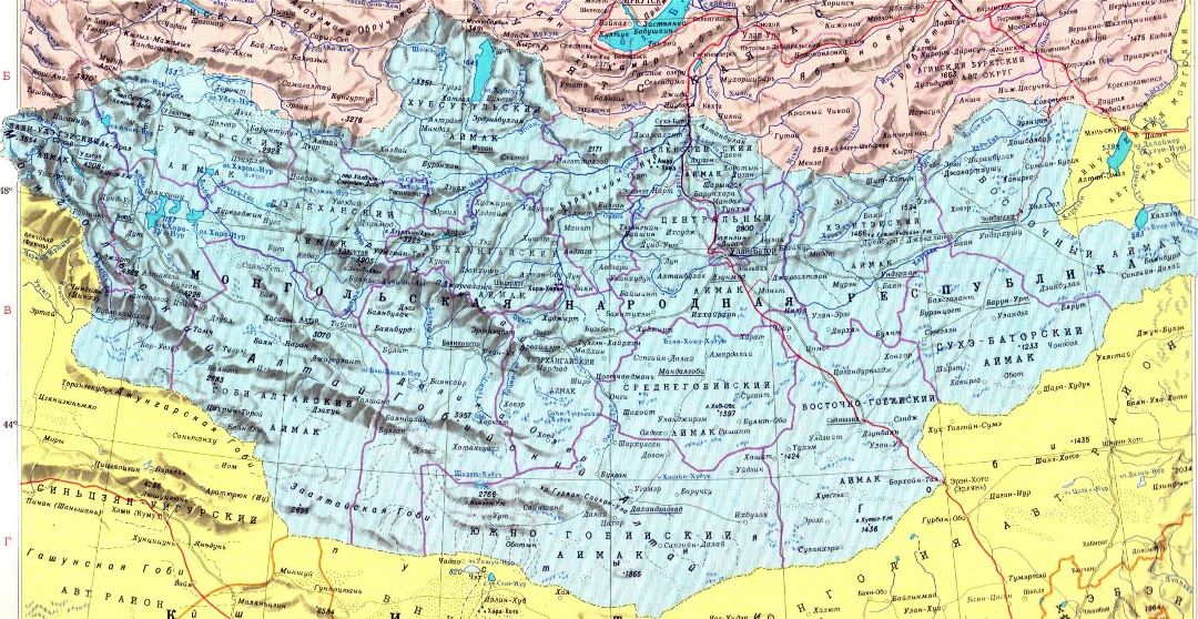 Большая политическая и административная карта Монголии с рельефом, дорогами и городами на русском языке