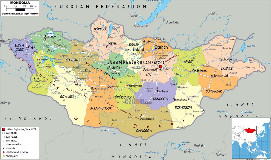 Большая политическая и административная карта Монголии с дорогами, городами и аэропортами