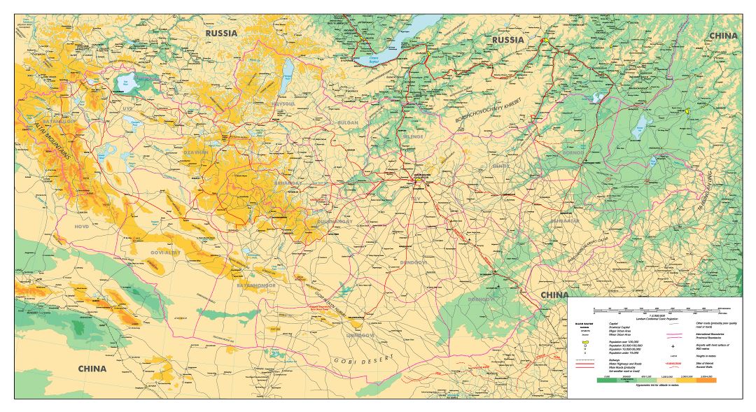 Крупномасштабная физическая карта Монголии с дорогами, железными дорогами, городами и другими пометками