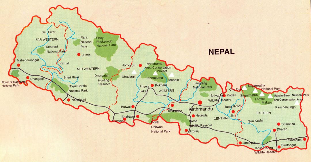 Детальная карта Непала с национальными парками, дорогами и крупными городами