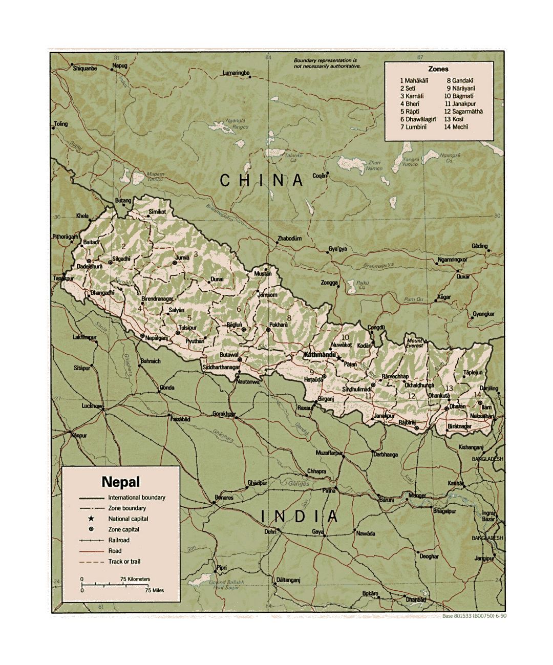 Детальная политическая и административная карта Непала с рельефом, дорогами, железными дорогами и крупными городами - 1990