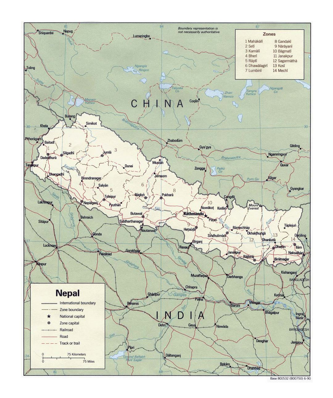Детальная политическая и административная карта Непала с дорогами, железными дорогами и крупными городами - 1990