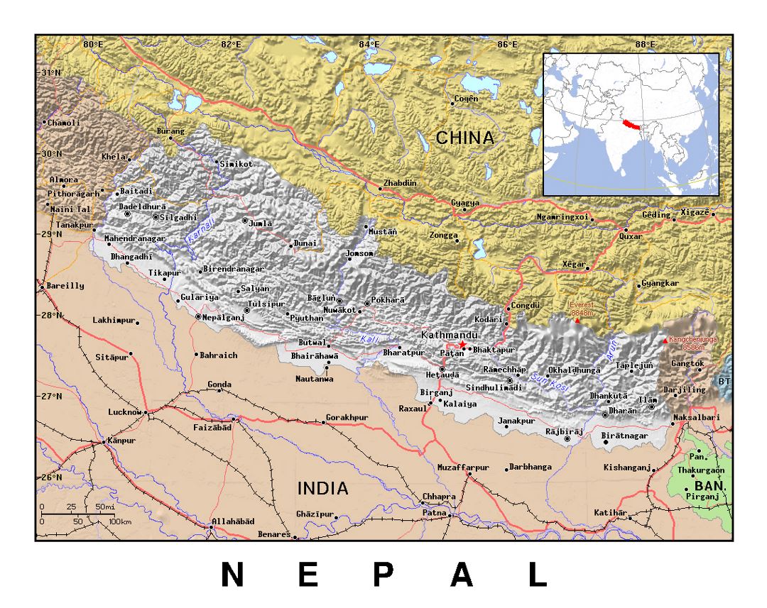 Детальная политическая карта Непала с рельефом