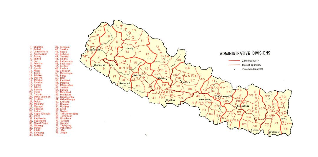Большая детальная карта административных делений Непала - 1968