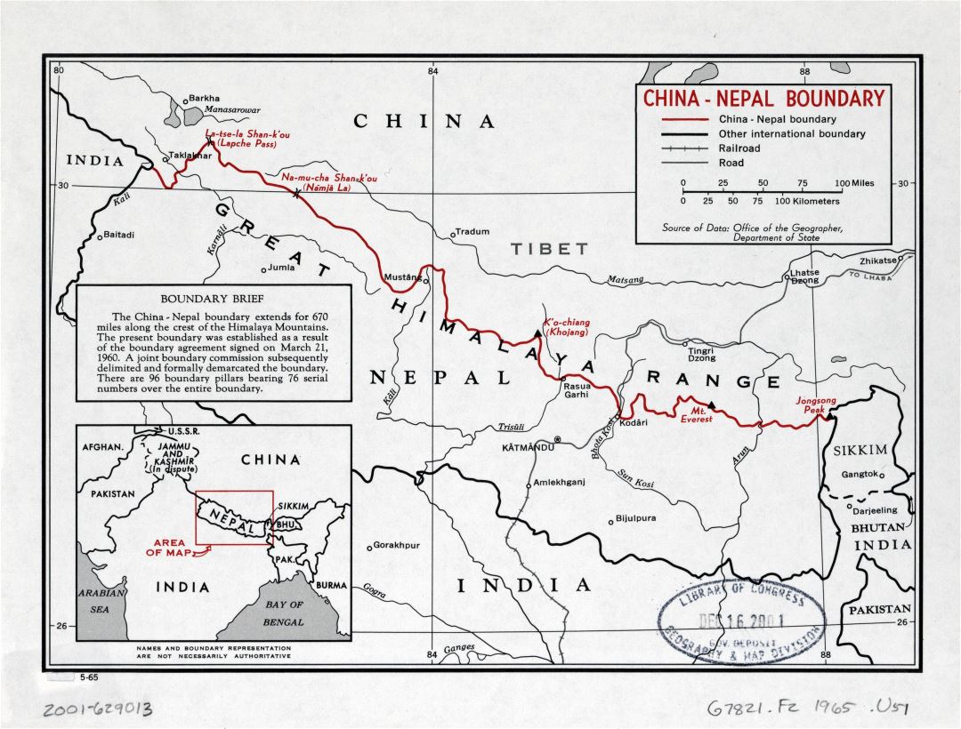 Большая детальная карта границы Китай - Непал - 1965