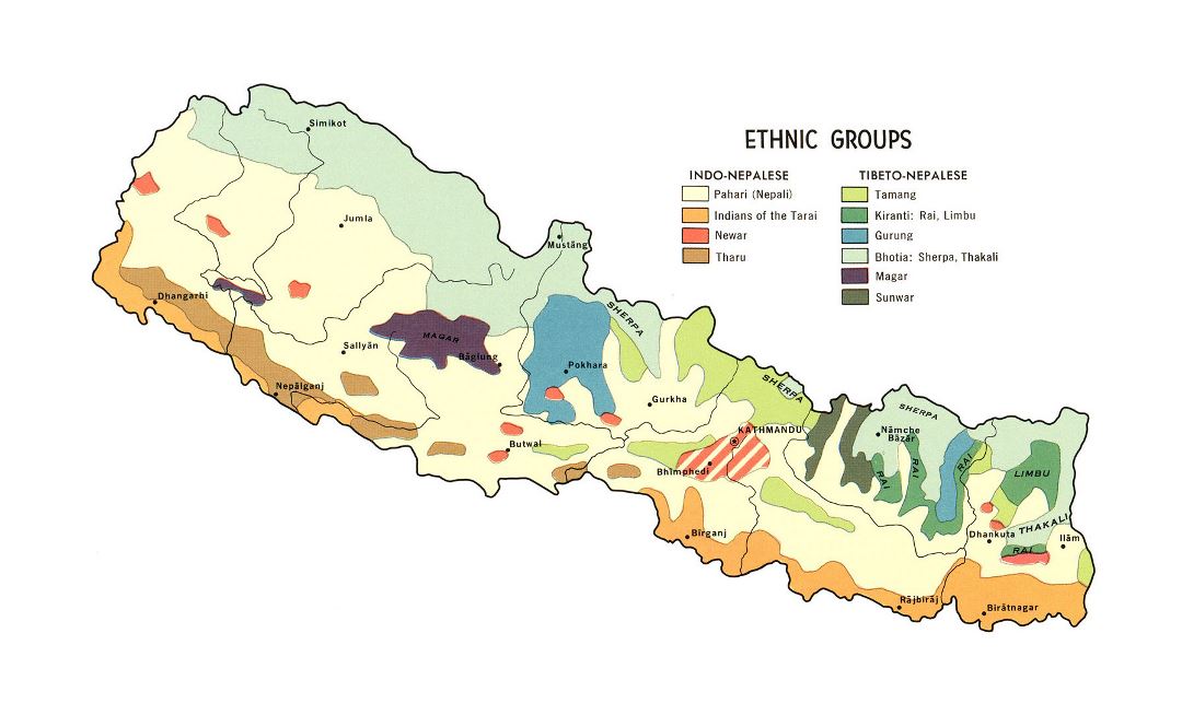 Большая детальная карта этнических групп Непала - 1968
