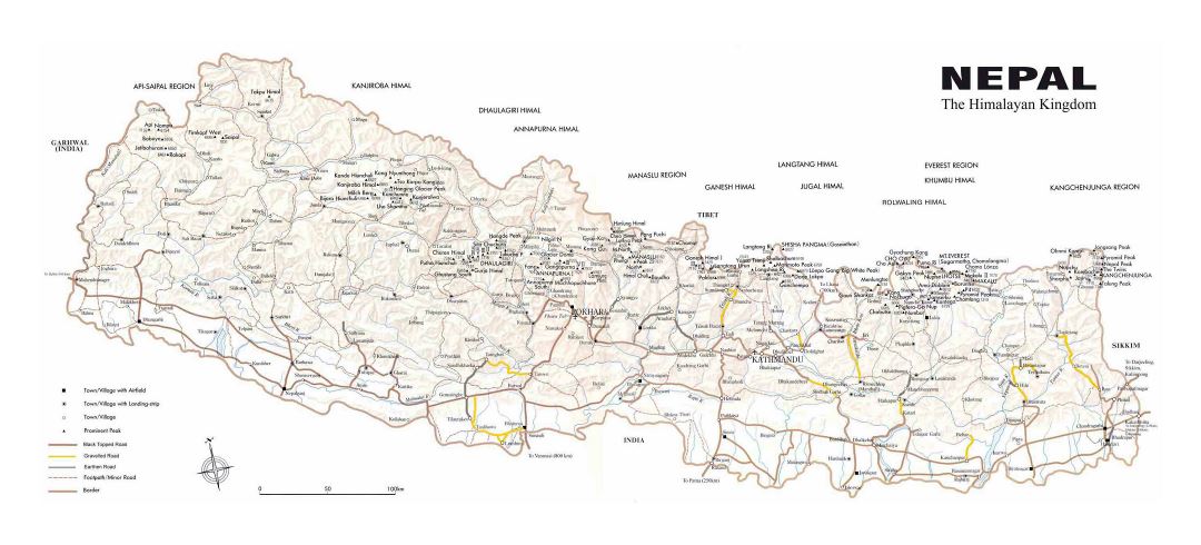 Большая детальная карта Непала с рельефом, дорогами и всеми городами