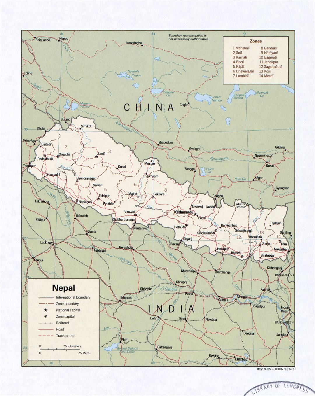 Большая детальная политическая и административная карта Непала с дорогами, железными дорогами и городами - 1990