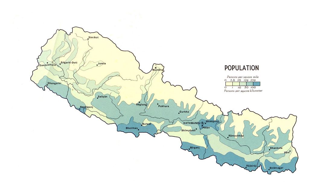 Большая детальная карта населения Непала - 1968