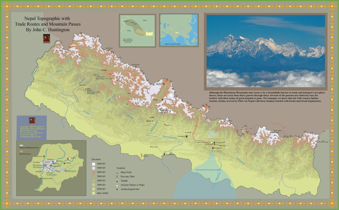Большая детальная топографическая карта с торговыми путями и горными перевалами Непала