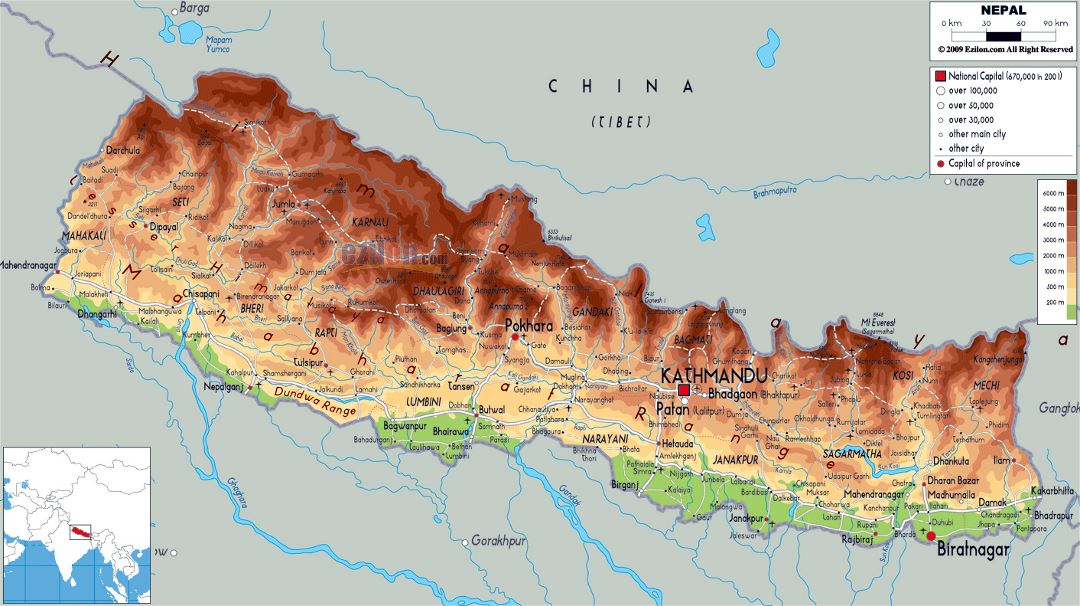 Большая физическая карта Непала с дорогами, городами и аэропортами