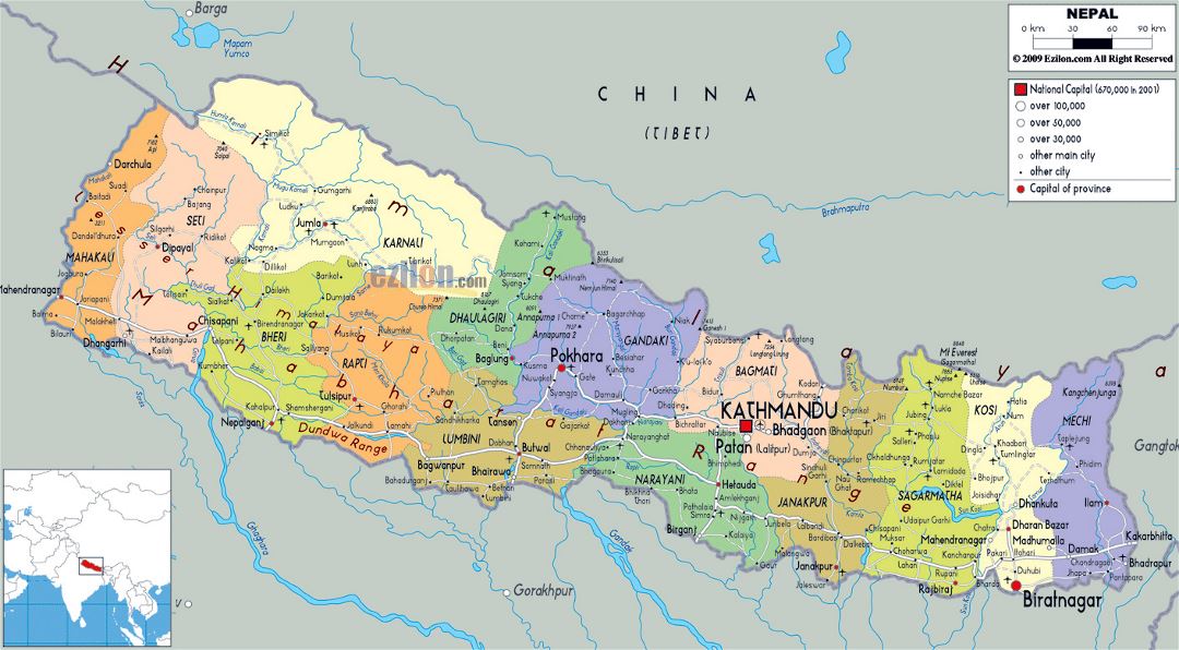 Большая политическая и административная карта Непала с дорогами, городами и аэропортами