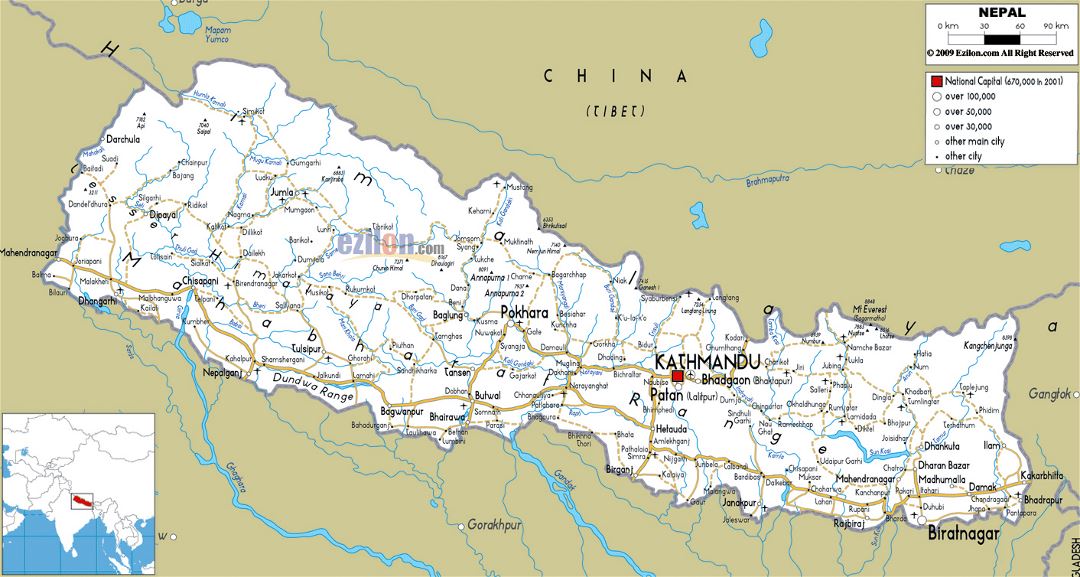 Большая карта дорог Непала с городами и аэропортами
