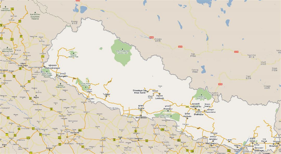 Большая карта дорог Непала с национальными парками и городами
