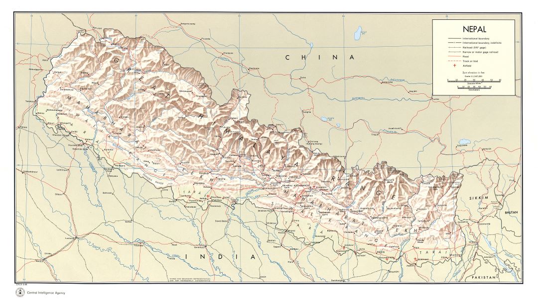 Крупномасштабная политическая карта Непала с рельефом, дорогами, железными дорогами, городами и аэропортами - 1968