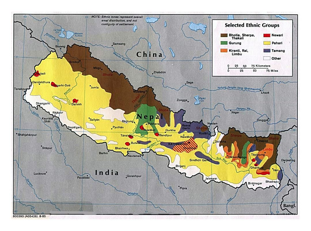 Большая карта отдельных этнических групп Непала - 1985