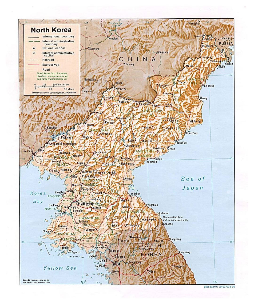 Детальная политическая и административная карта Северной Кореи с рельефом, дорогами, железными дорогами и крупными городами - 1996