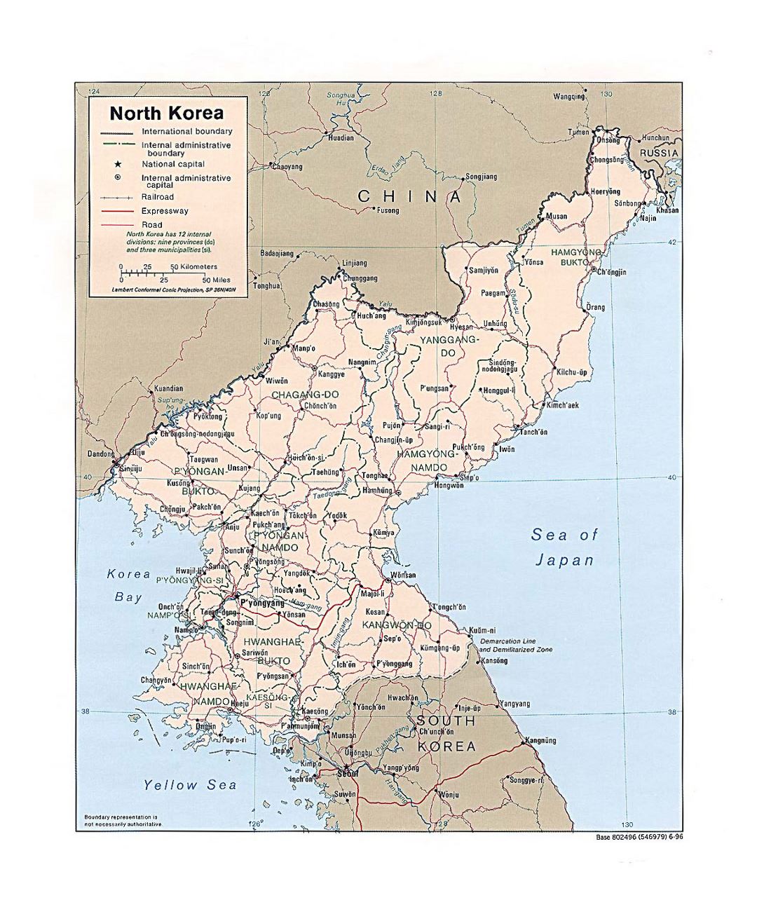 Детальная политическая и административная карта Северной Кореи с дорогами, железными дорогами и крупными городами - 1996
