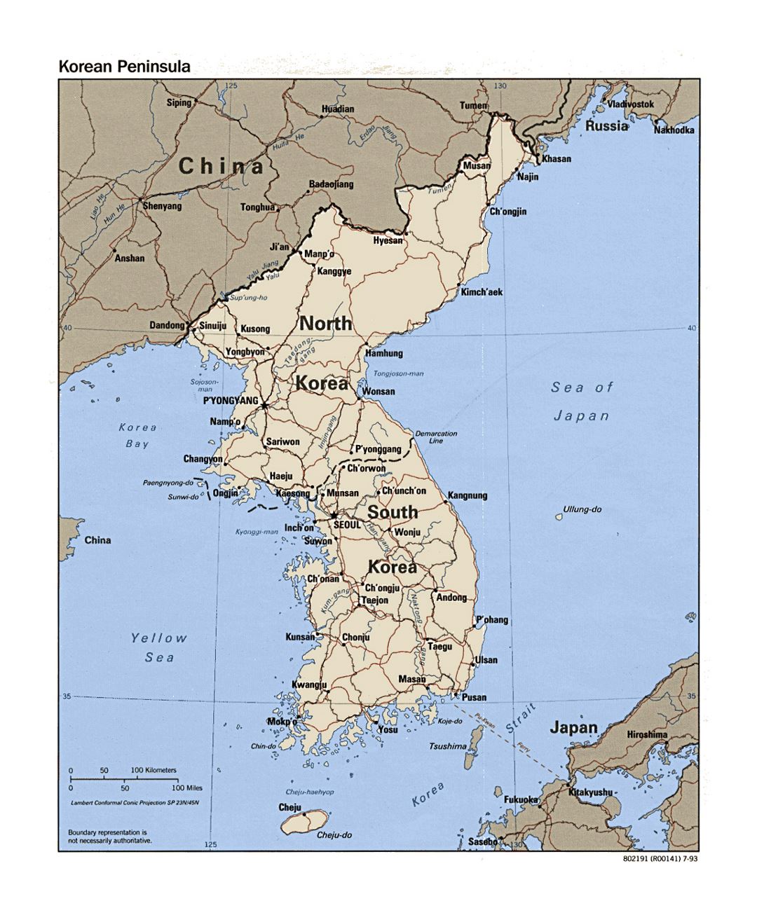 Детальная политическая карта Корейского полуострова с дорогами, железными дорогами и крупными городами - 1993