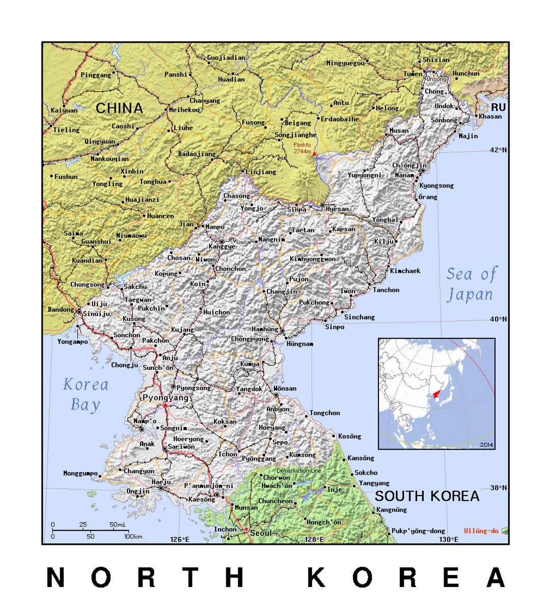 Детальная политическая карта Северной Кореи с рельефом
