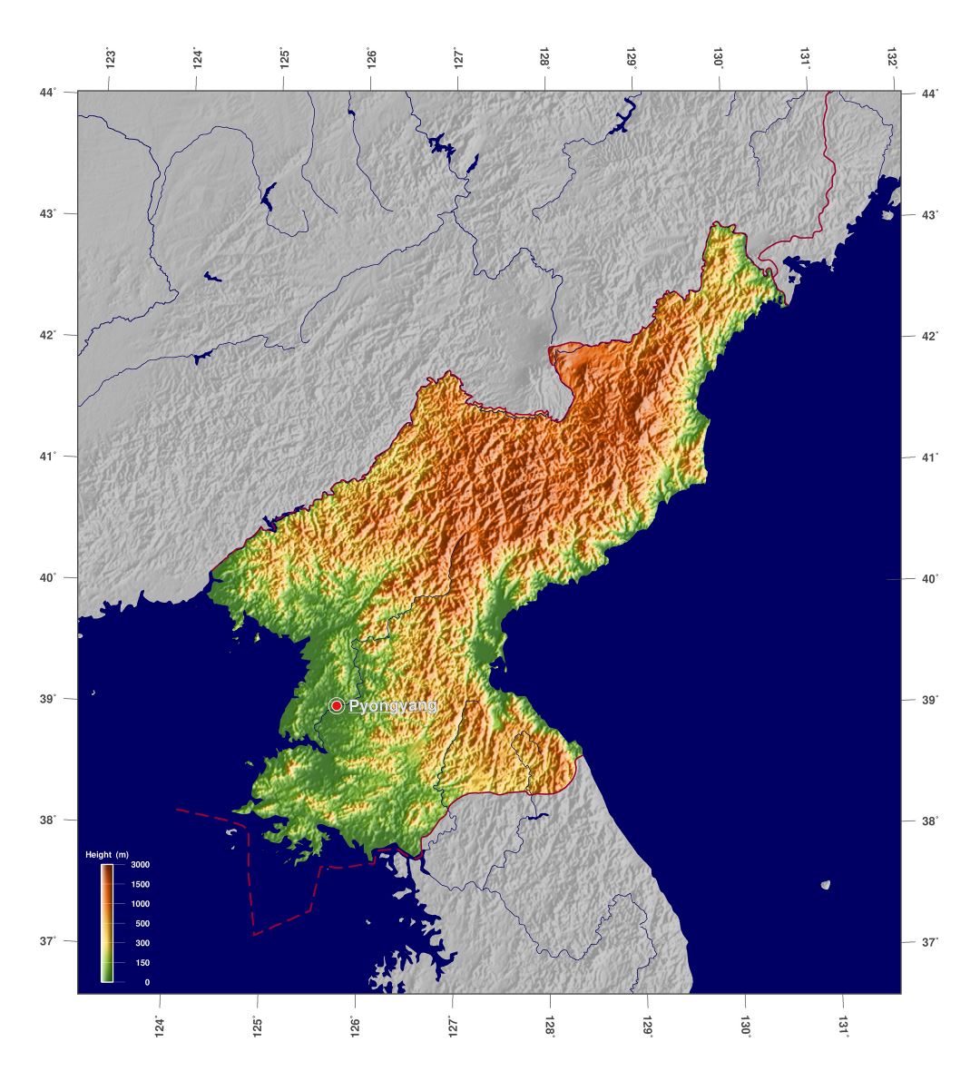 Большая детальная физическая карта Северной Кореи