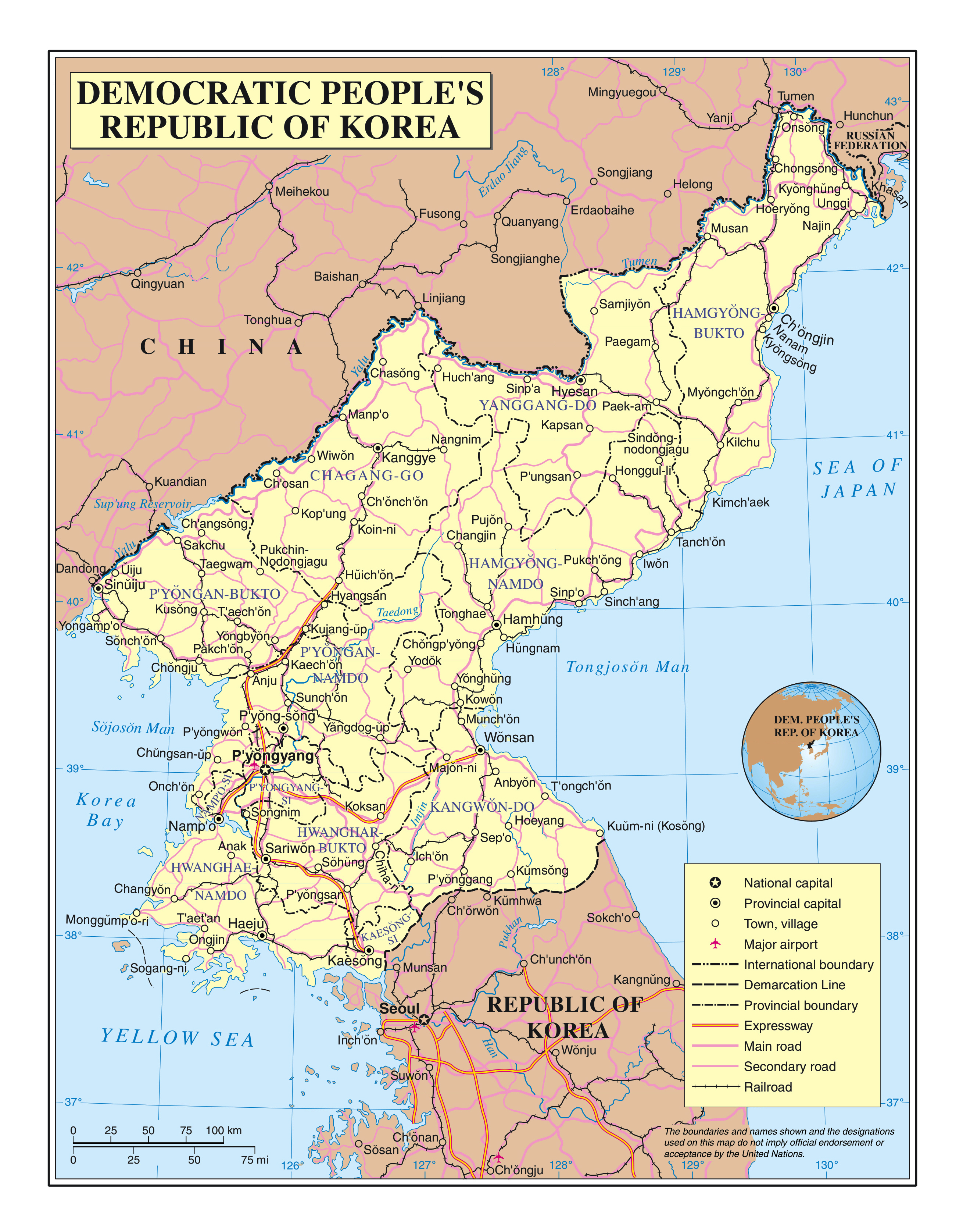 Большая детальная политическая и административная карта Северной Кореи (КНДР)с дорогами, железными дорогами, городами и аэропортами