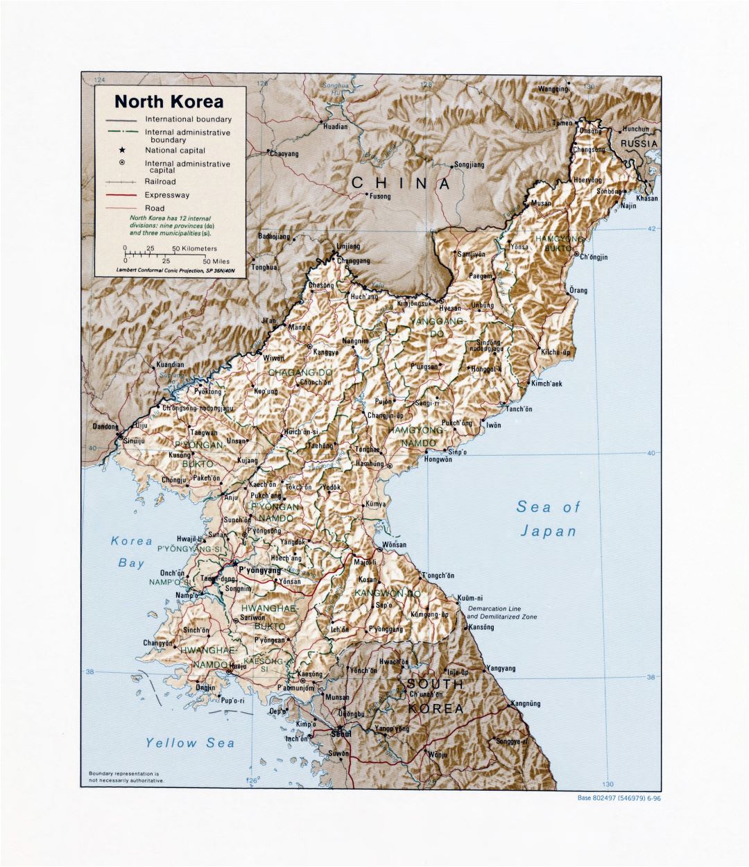 Большая детальная политическая и административная карта Северной Кореи с рельефом, дорогами, железными дорогами и крупными городами - 1996