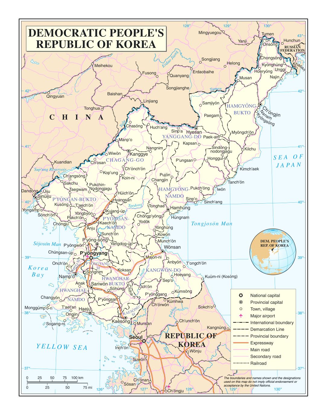 Большая детальная политическая и административная карта Северной Кореи с дорогами, железными дорогами, городами и аэропортами