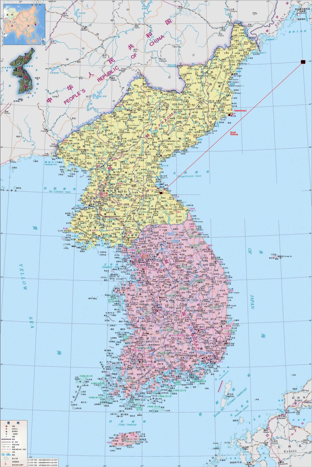 Большая детальная политическая карта Корейского полуострова на китайском языке